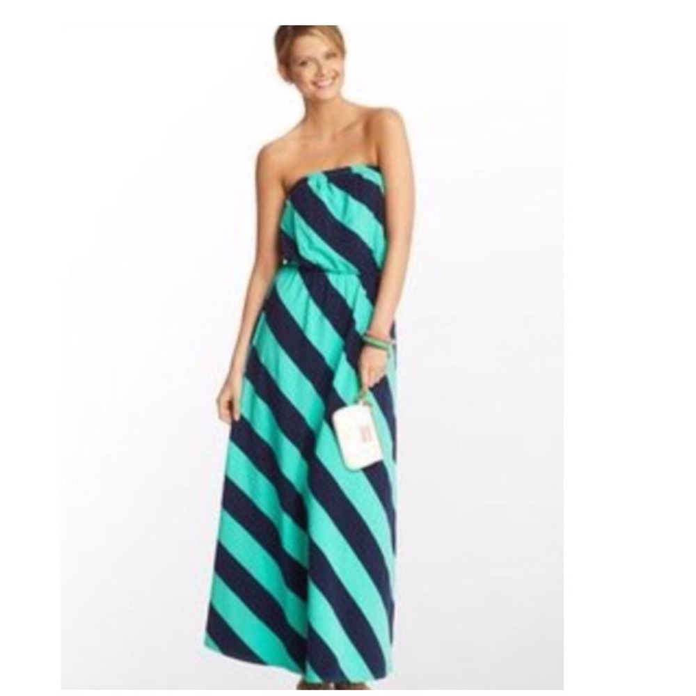 Lilly Pulitzer Strapless Maxi Dress Navy Turquoise Striped Cotton Knit Small